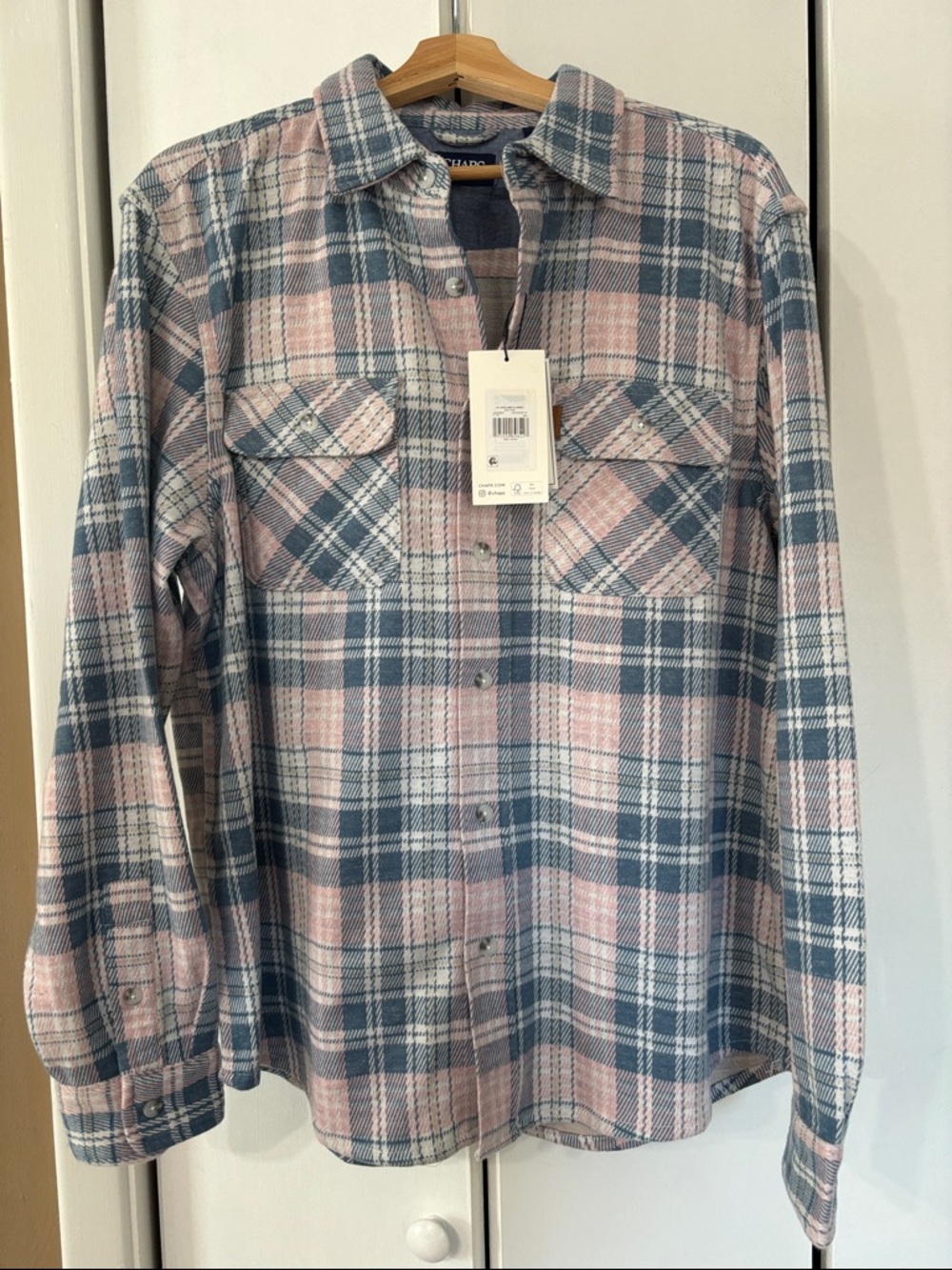 NWT chaps Men's Plaid Button-Front Shirt Jacket in Pink & Blue